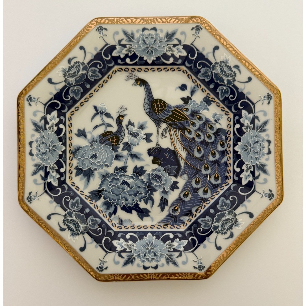 Vintage Eiwa Japan Peacock & Peony Raised Enamel Blue Octagon Plate Gold Trim 7½